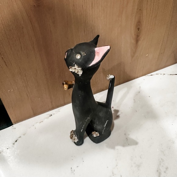 Vintage Geo Z Lefton Matte Black Spaghetti Cat Vase Rhinestone Eyes 7" Figural - Picture 4 of 8